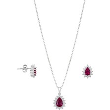 Oya Silver Minimal Beyaz Işıltı Çevrili Yakut Taşlı Damla Kadın Kolye Küpe Gümüş Set