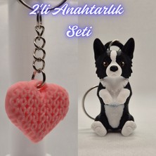 3D Atölye Maker  Açık Pembe Örgü Desenli Kalp ve Siyah Border Esnek Köpek Anahtarlık