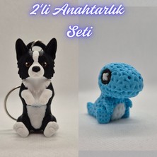 3D Atölye Maker Siyah Border Esnek Köpek ve Açık Mavi Örgü Desen Hareketli Dino Anahtarlık
