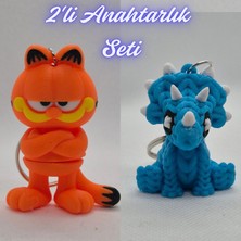 3D Atölye Maker  Garfield ve Açık Mavi Örgü Desen Triceratops Anahtarlık