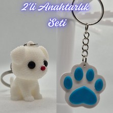 3D Atölye Maker  Beyaz Örgü Desenli Köpek ve Açık Mavi Kedi Patisi Anahtarlık