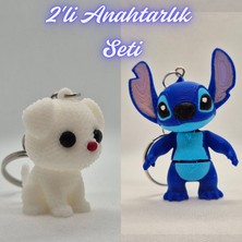 3D Atölye Maker  Beyaz Örgü Desenli Köpek ve Mavi Esnek Stitch Anahtarlık