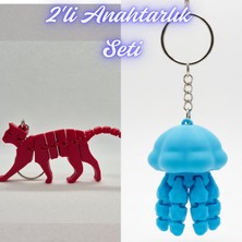 3D Atölye Maker  Kırmızı Esnek Kedi ve Açık Mavi Hareketli Deniz Anası Anahtarlık