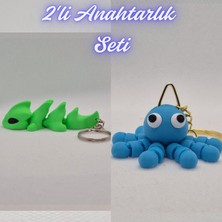3D Atölye Maker  Yeşil Esnek Ejder ve Açık Mavi Şaşkın Ahtapot Anahtarlık