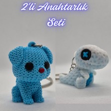 3D Atölye Maker  Açık Mavi Örgü Desenli Köpek ve Beyaz Örgü Desen Hareketli Dino Anahtarlık