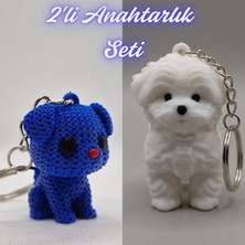 3D Atölye Maker  Mavi Örgü Desenli Köpek ve Beyaz Maltase Terrier Anahtarlık