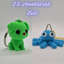 3D Atölye Maker  Açık Yeşil Örgü Desenli Köpek ve Açık Mavi Şaşkın Ahtapot Anahtarlık