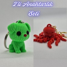 3D Atölye Maker  Açık Yeşil Örgü Desenli Köpek ve Pembe Ahtapot  Anahtarlık