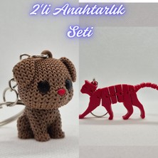 3D Atölye Maker  Koyu Kahverengi Örgü Desenli Köpek ve Kırmızı Esnek Kedi Anahtarlık