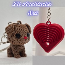 3D Atölye Maker  Koyu Kahverengi Örgü Desenli Köpek ve Kırmızı Hareketli Kalp Anahtarlık