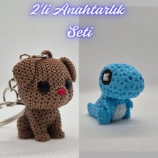 3D Atölye Maker Koyu Kahverengi Örgü Desenli Köpek ve Açık Mavi Örgü Desen Hareketli Dino Anahtarlık