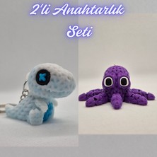 3D Atölye Maker  Beyaz Örgü Desen Hareketli Dino ve Mor Örgü Desen Ahtapot Anahtarlık