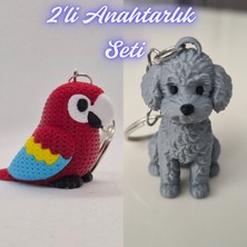 3D Atölye Maker  Kırmızı Örgü Desen Papağan ve Gümüş Poddle Köpek Anahtarlık