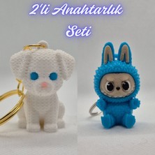3D Atölye Maker  Beyaz Örgü Desen Köpek-2 ve Açık Mavi Labubu Anahtarlık