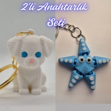 3D Atölye Maker  Beyaz Örgü Desen Köpek-2 ve Açık Mavi Hareketli Deniz Yıldızı Anahtarlık