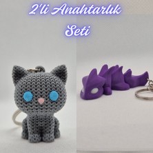 3D Atölye Maker  Gümüş Örgü Desenli Kedi ve Mor Esnek Ejder Anahtarlık