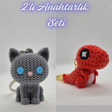 3D Atölye Maker  Gümüş Örgü Desenli Kedi ve Kırmızı Örgü Desen Hareketli Dino Anahtarlık