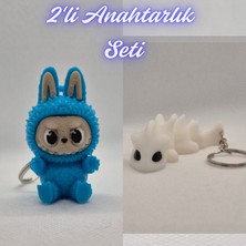 3D Atölye Maker  Açık Mavi Labubu ve Beyaz Esnek Ejder Anahtarlık