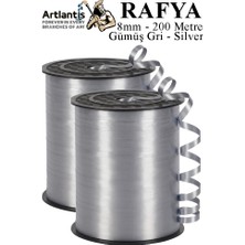 Artlantis Gümüş Gri Rafya Şerit Kurdela 2 Adet 8mm 200 Metre Rabant Rafya Renkli Hediye Paketleme Ipi Kurdela Balon Bağlama