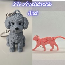 3D Atölye Maker  Gümüş Poddle Köpek ve Açık Pembe Esnek Kedi Anahtarlık
