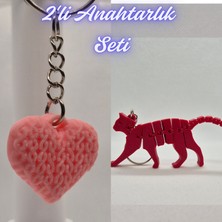 3D Atölye Maker  Açık Pembe Örgü Desenli Kalp ve Kırmızı Esnek Kedi Anahtarlık