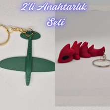 3D Atölye Maker  Koyu Yeşil Uçak ve Kırmızı Esnek Ejder Anahtarlık