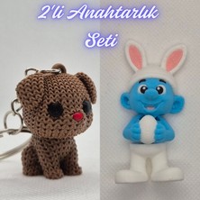 3D Atölye Maker Koyu Kahverengi Örgü Desenli Köpek ve Açık Mavi Şirinler Anahtarlık