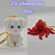 3D Atölye Maker  Beyaz Örgü Desen Köpek-2 ve Pembe Ahtapot  Anahtarlık