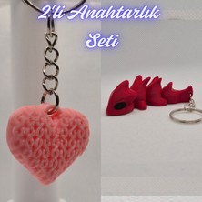3D Atölye Maker  Açık Pembe Örgü Desenli Kalp ve Kırmızı Esnek Ejder Anahtarlık