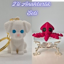 3D Atölye Maker  Beyaz Örgü Desen Köpek-2 ve Kırmızı Kalamar Anahtarlık