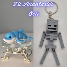 3D Atölye Maker  Açık Mavi Esnek Renkli Yunus ve Gümüş MineCraft Skeleton Anahtarlık