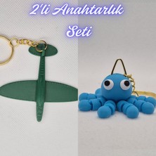 3D Atölye Maker  Koyu Yeşil Uçak ve Açık Mavi Şaşkın Ahtapot Anahtarlık