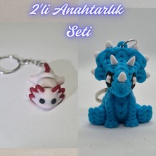 3D Atölye Maker  Açık Pembe Esnek Axolot ve Açık Mavi Örgü Desen Triceratops Anahtarlık
