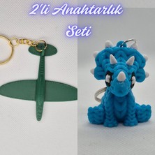 3D Atölye Maker  Koyu Yeşil Uçak ve Açık Mavi Örgü Desen Triceratops Anahtarlık