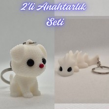 3D Atölye Maker  Beyaz Örgü Desenli Köpek ve Beyaz Esnek Ejder Anahtarlık