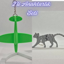 3D Atölye Maker  Yeşil Uçak ve Gümüş Esnek Kedi Anahtarlık