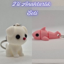 3D Atölye Maker  Beyaz Örgü Desenli Köpek ve Açık Pembe Esnek Köpek Balığı Anahtarlık