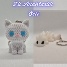 3D Atölye Maker  Beyaz Örgü Desenli Kedi ve Beyaz Esnek Ejder Anahtarlık