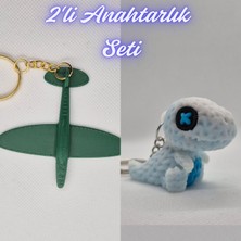 3D Atölye Maker  Koyu Yeşil Uçak ve Beyaz Örgü Desen Hareketli Dino Anahtarlık