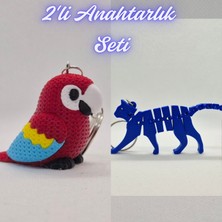 3D Atölye Maker  Kırmızı Örgü Desen Papağan ve Mavi Esnek Kedi Anahtarlık