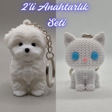 3D Atölye Maker  Beyaz Maltase Terrier ve Beyaz Örgü Desenli Kedi Anahtarlık