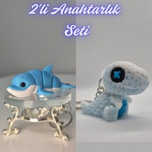 3D Atölye Maker  Açık Mavi Esnek Renkli Yunus ve Beyaz Örgü Desen Hareketli Dino Anahtarlık