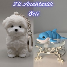 3D Atölye Maker  Beyaz Maltase Terrier ve Açık Mavi Esnek Renkli Yunus Anahtarlık