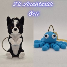 3D Atölye Maker  Siyah Border Esnek Köpek ve Açık Mavi Şaşkın Ahtapot Anahtarlık