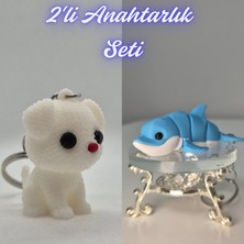 3D Atölye Maker Beyaz Örgü Desenli Köpek ve Açık Mavi Esnek Renkli Yunus Anahtarlık