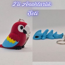 3D Atölye Maker  Kırmızı Örgü Desen Papağan ve Açık Mavi Esnek Ejder Anahtarlık
