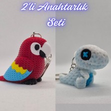 3D Atölye Maker  Kırmızı Örgü Desen Papağan ve Beyaz Örgü Desen Hareketli Dino Anahtarlık