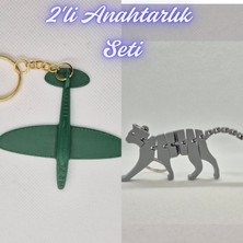 3D Atölye Maker  Koyu Yeşil Uçak ve Gümüş Esnek Kedi Anahtarlık