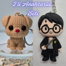 3D Atölye Maker  Krem Örgü Desenli Köpek ve Harry Potter Anahatarlık Anahtarlık