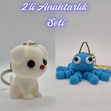 3D Atölye Maker  Beyaz Örgü Desenli Köpek ve Açık Mavi Şaşkın Ahtapot Anahtarlık